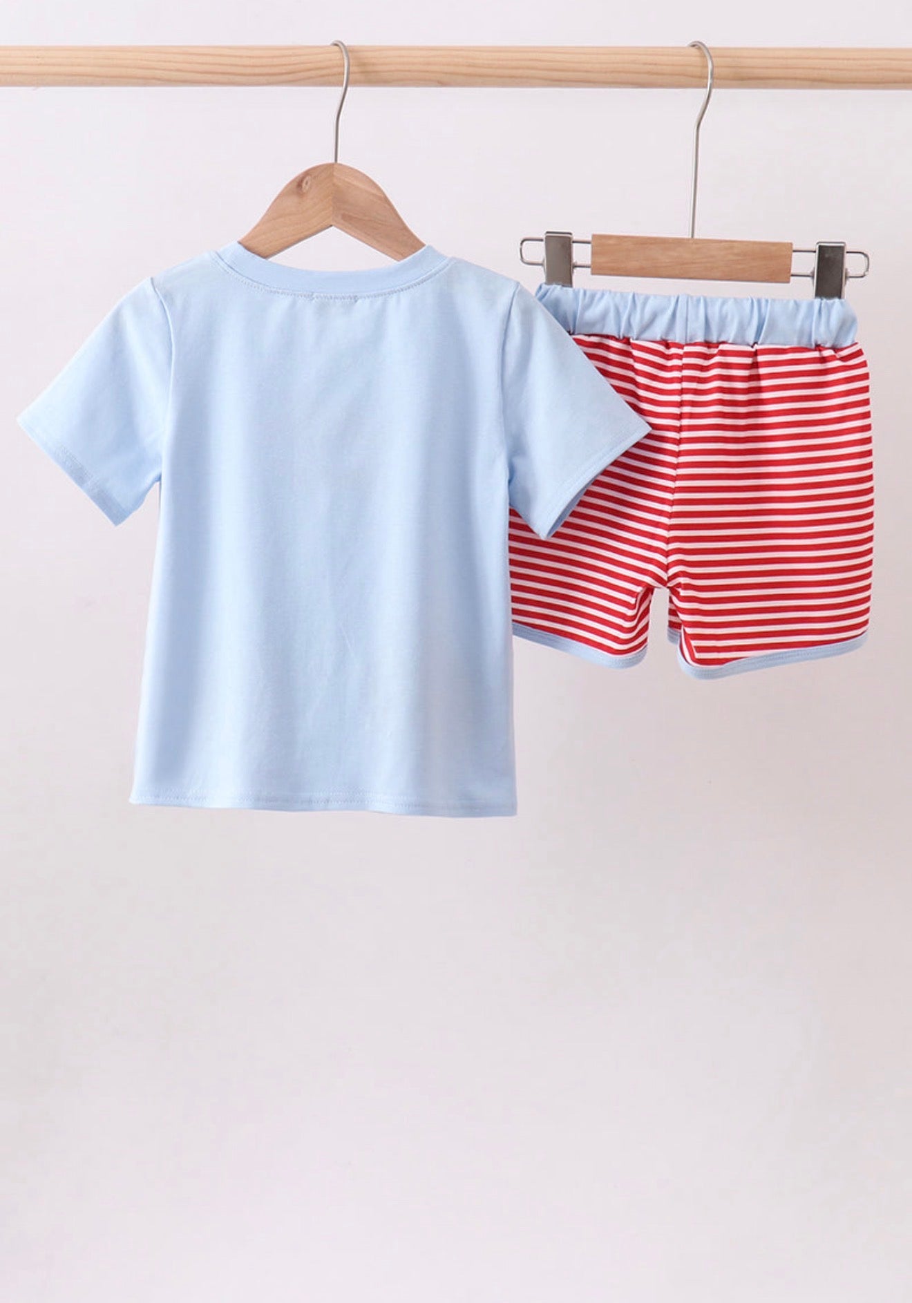 Blue God Bless America flag french knot shorts set