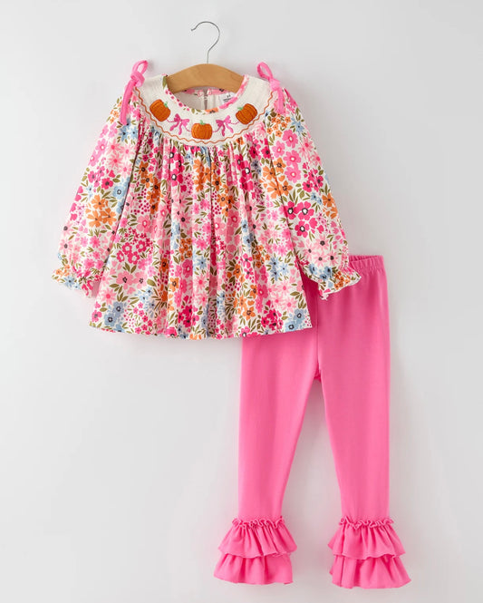 Fall Thanksgiving Pumpkin Embroidered Ruffled Pink Leggings Girl’s Set