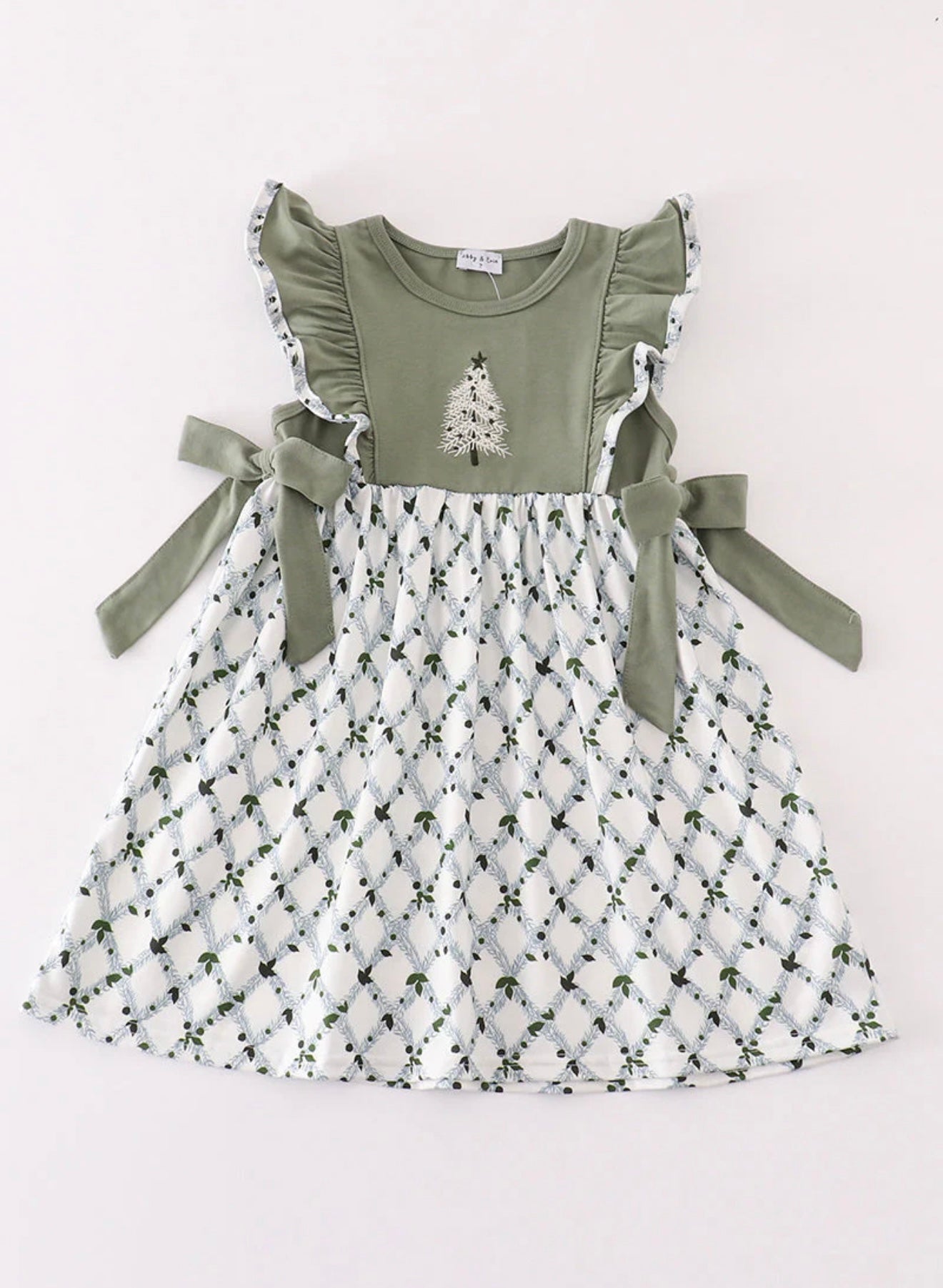 Sage Christmas Tree Embroidery Girl Dress