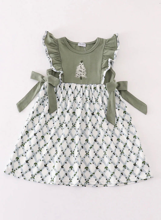 Sage Christmas Tree Embroidery Girl Dress