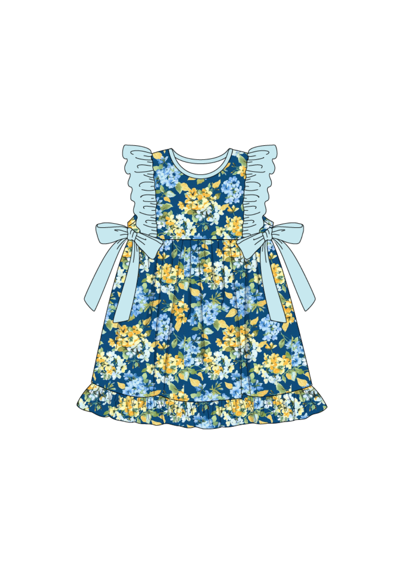 Blue floral ruffle bow dress
