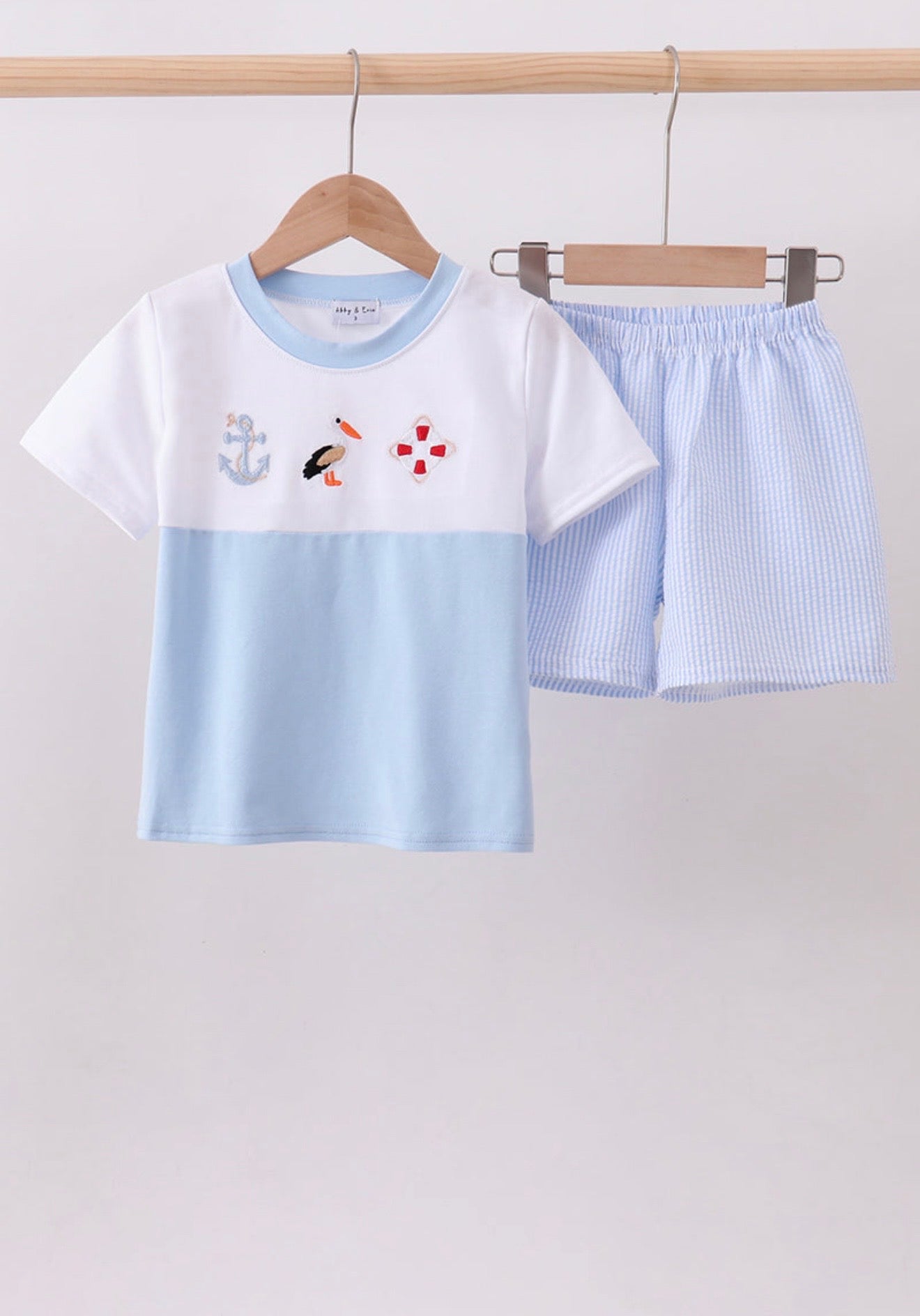 Blue nautical trio seersucker, embroidery shorts set