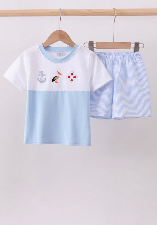 Blue nautical trio seersucker, embroidery shorts set