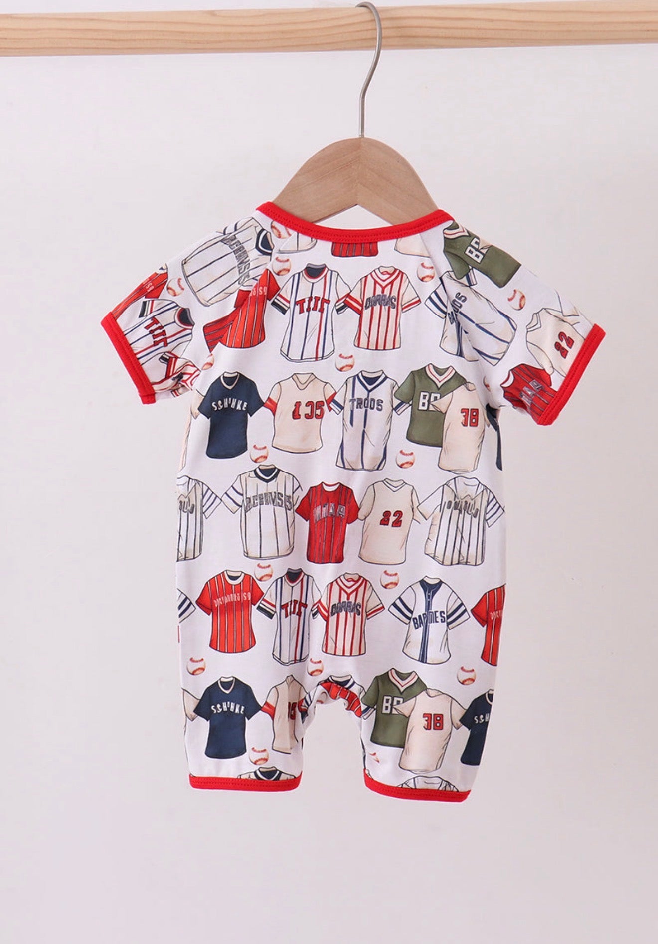 Red baseball bamboo romper