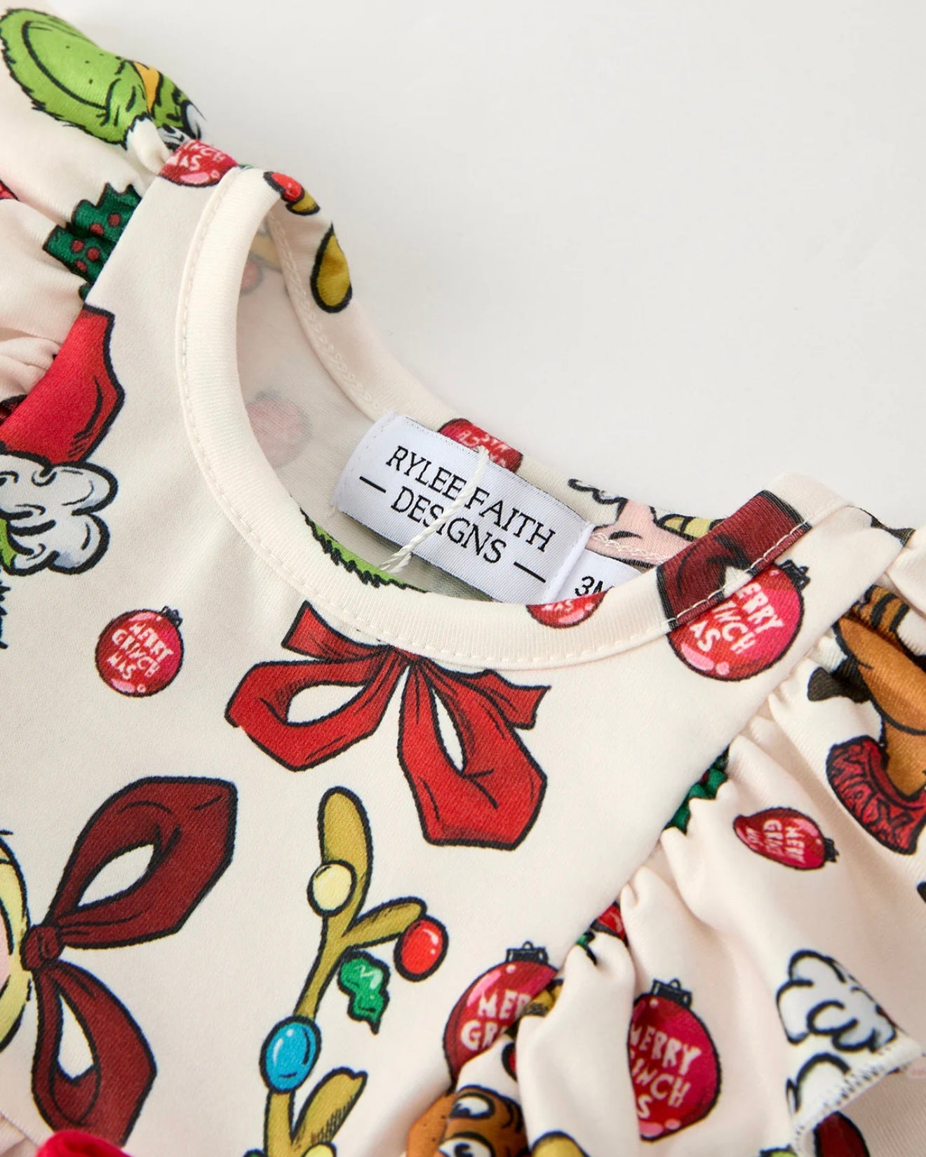 Christmas Character Print Baby Girls Romper with Red Bow Detail