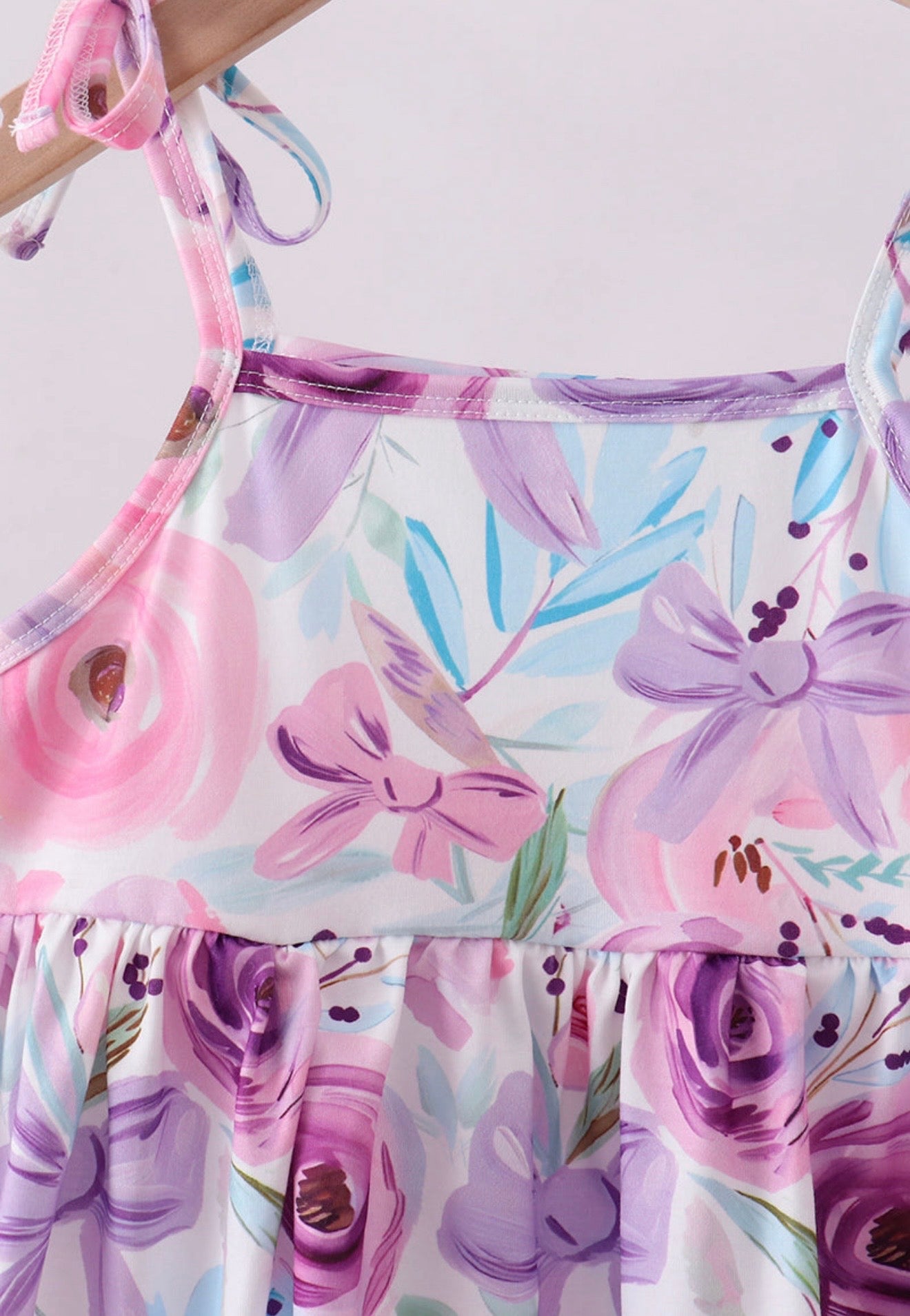 Purple floral print bow ruffle shorts set