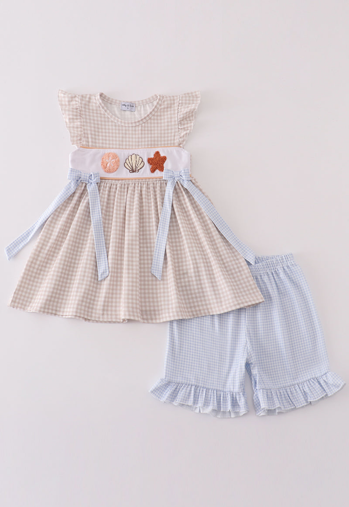 Khaki seashell embroidery ruffle shorts set
