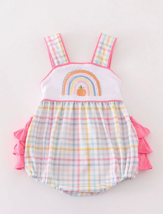 Rainbow pumpkin embroidery plaid girl bubble
