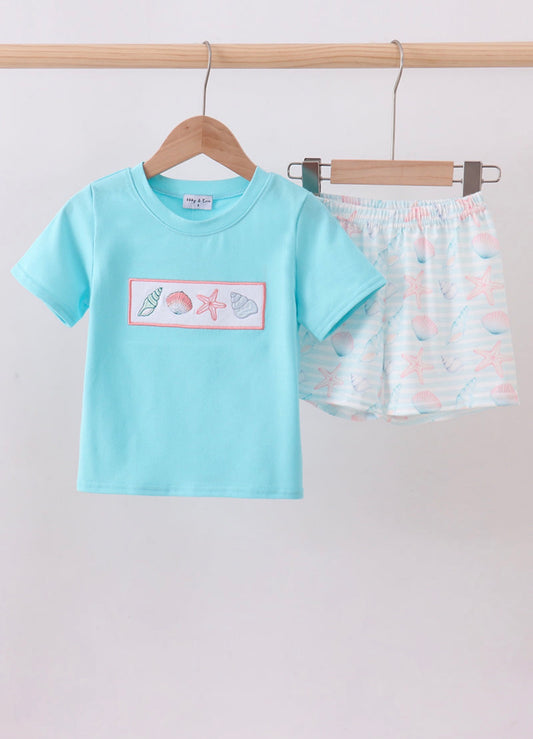 Blue shell starfish embroidery shorts set
