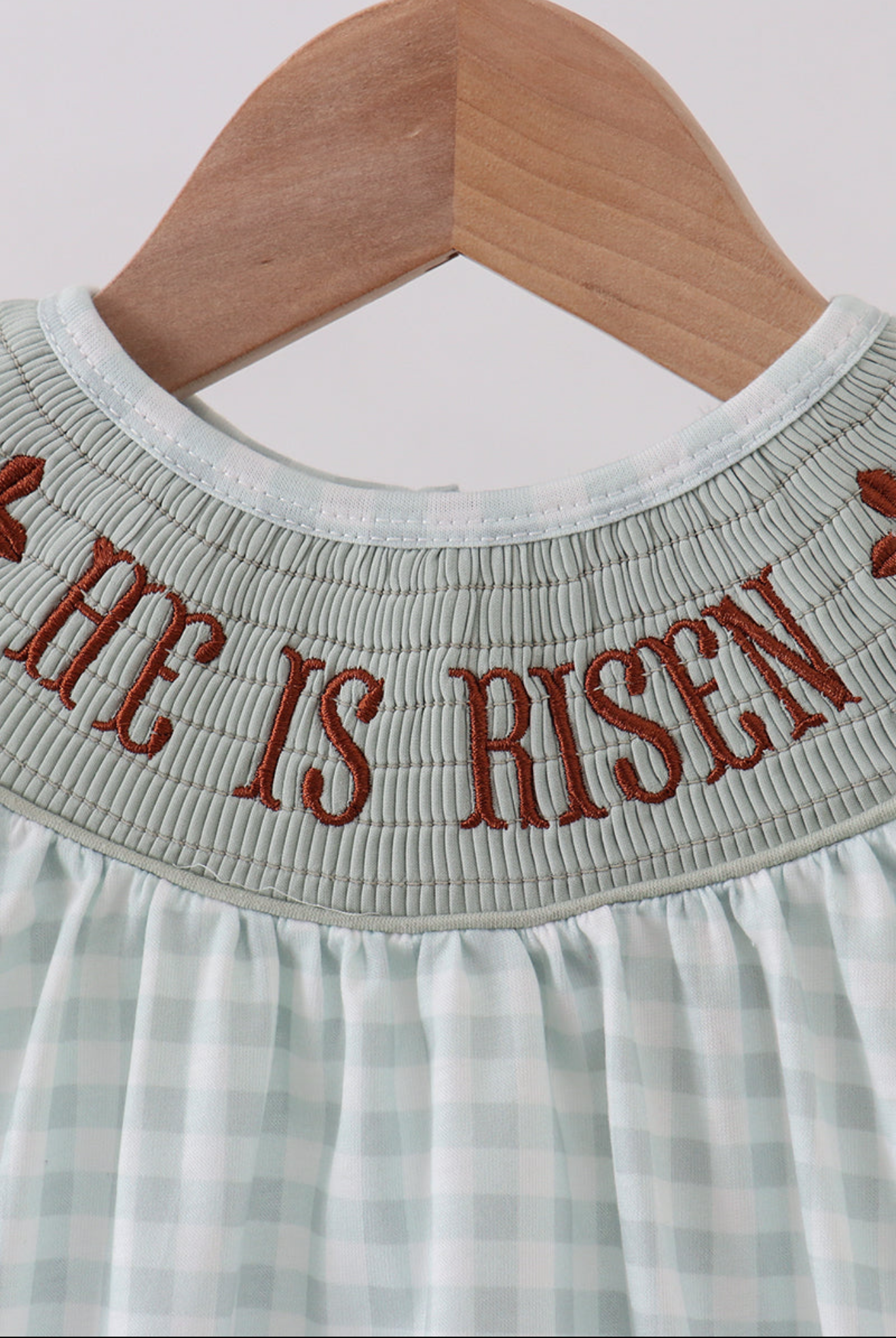 Sage He is Risen smocked girl’s gingham bubble