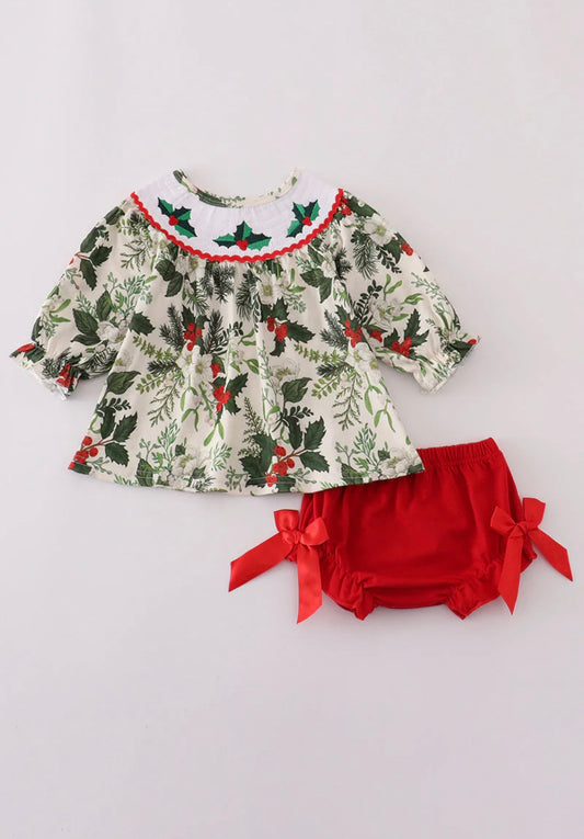 Green Holly Floral Smocked Bow Bloomer Set ￼