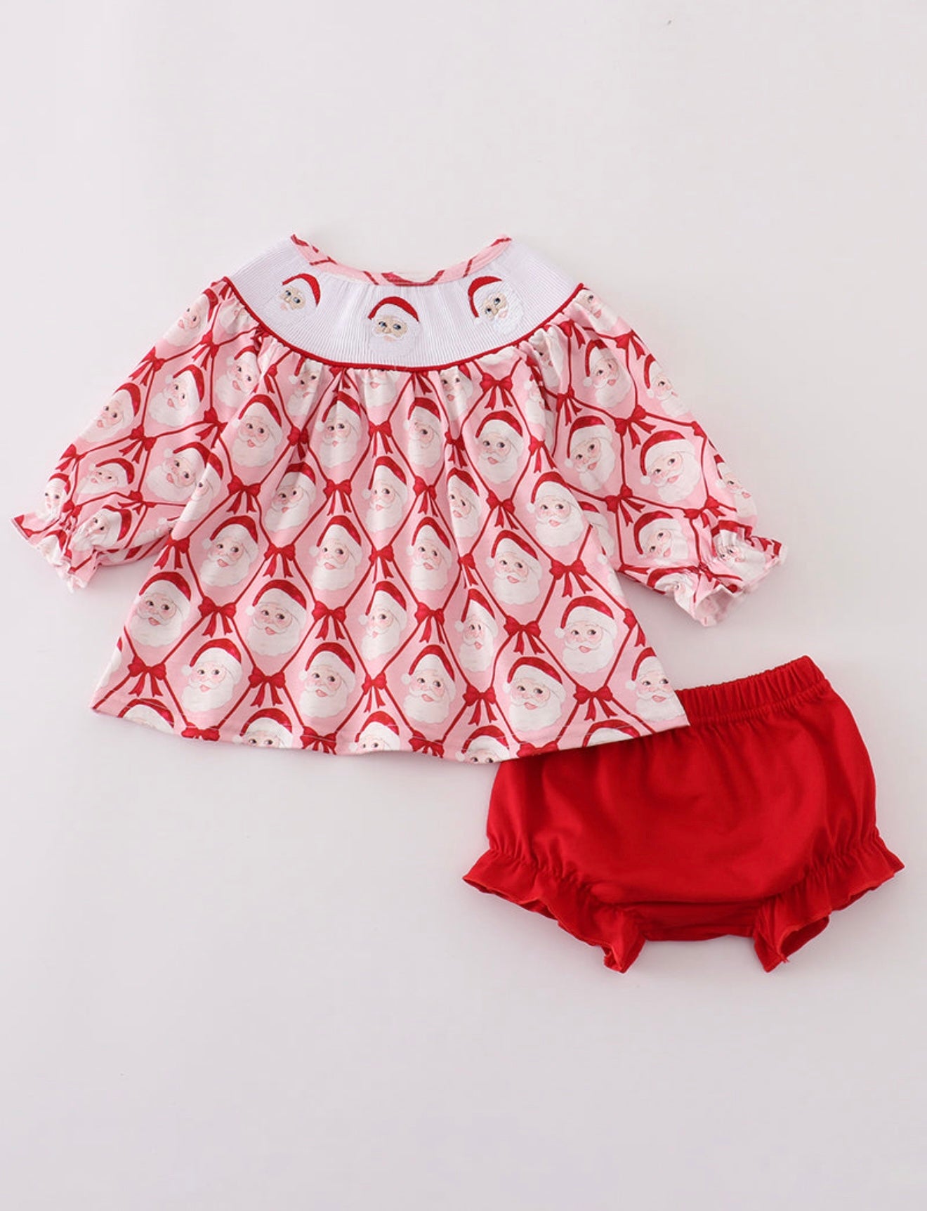 Red Santa Claus Smocked Bloomer Set ￼