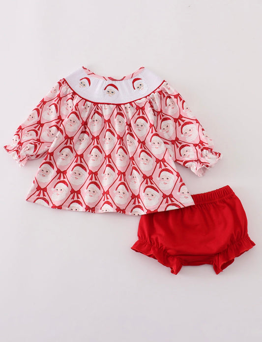 Red Santa Claus Smocked Bloomer Set ￼