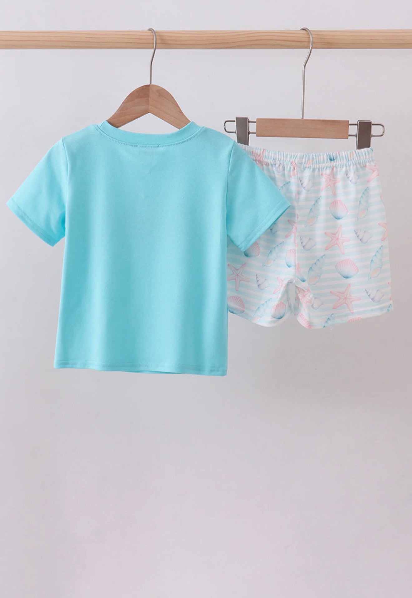 Blue shell starfish embroidery shorts set
