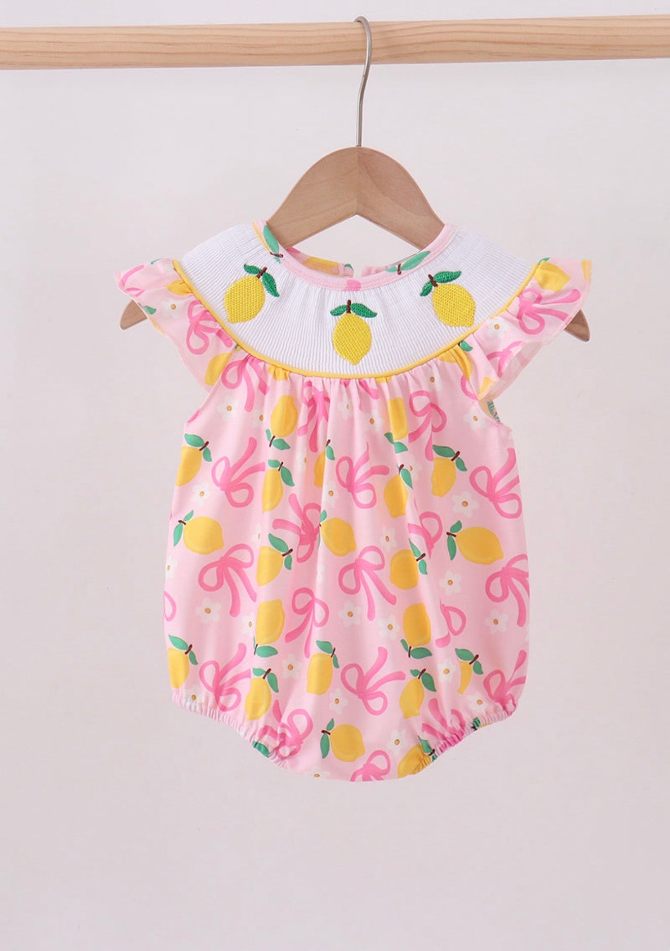 Pink lemon smocked bow print bubble
