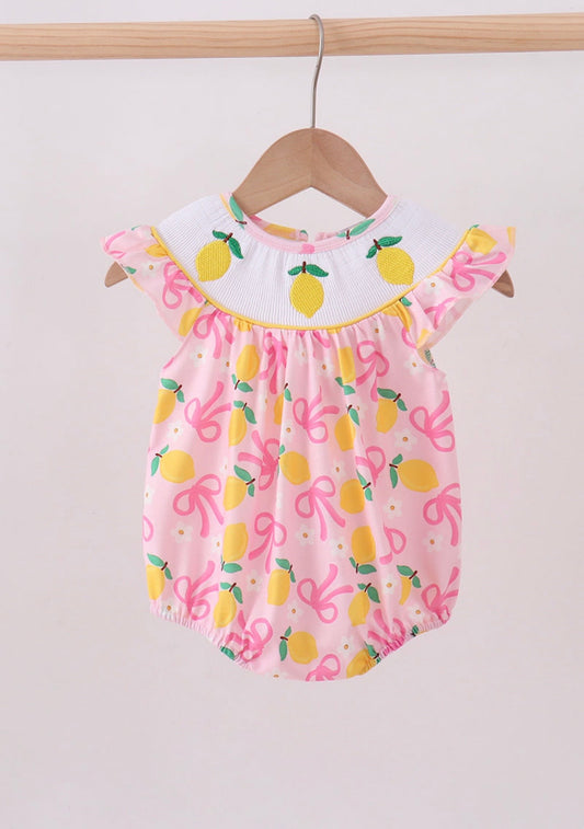 Pink lemon smocked bow print bubble