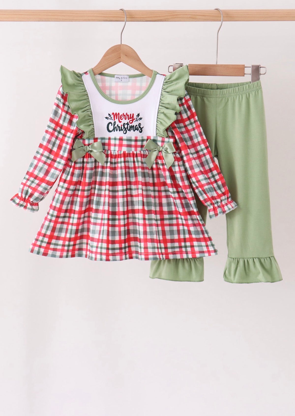 Green merry christmas embroidery plaid ruffle pants set