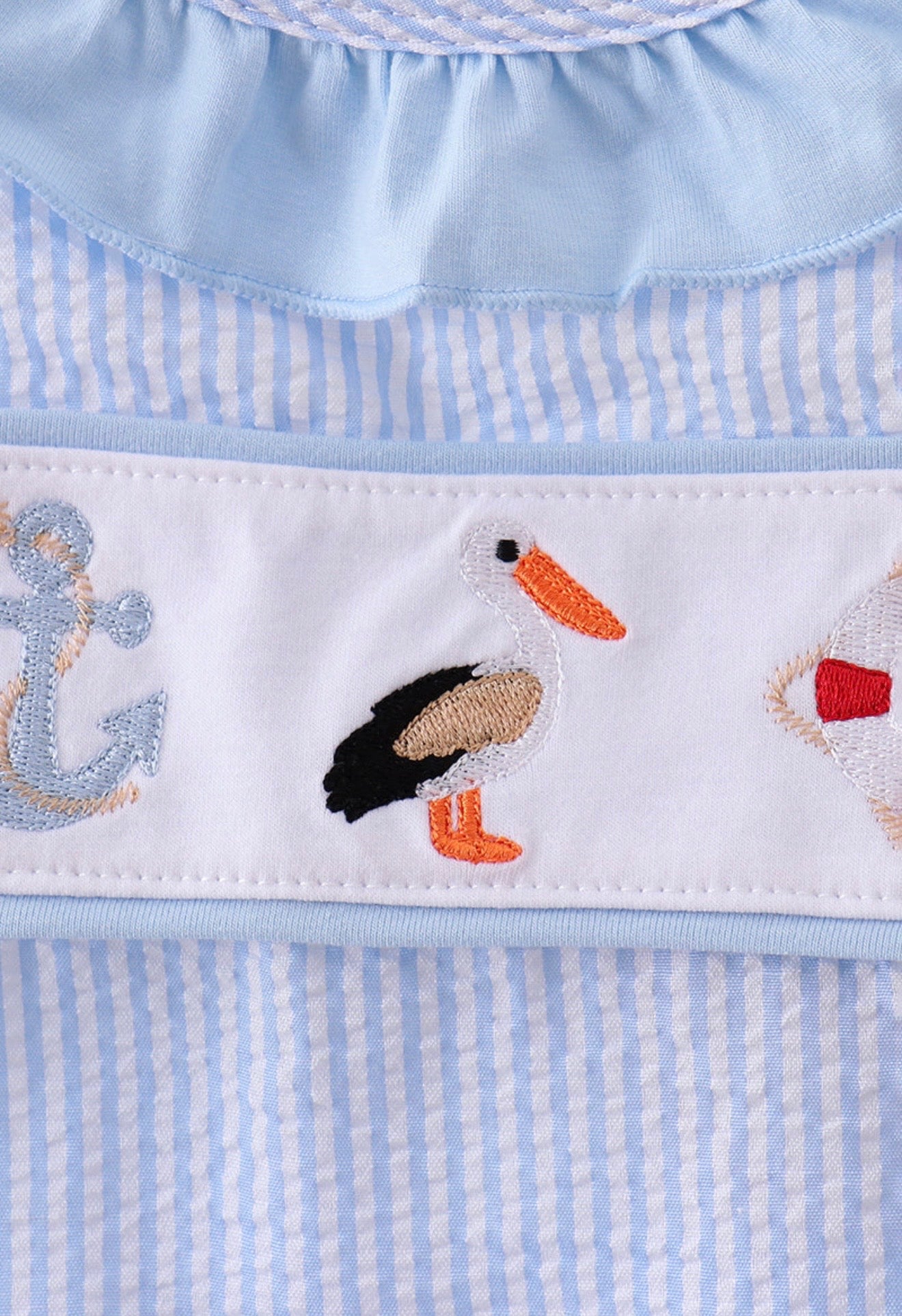 Blue nautical trio seersucker, embroidery ruffle bow bubble