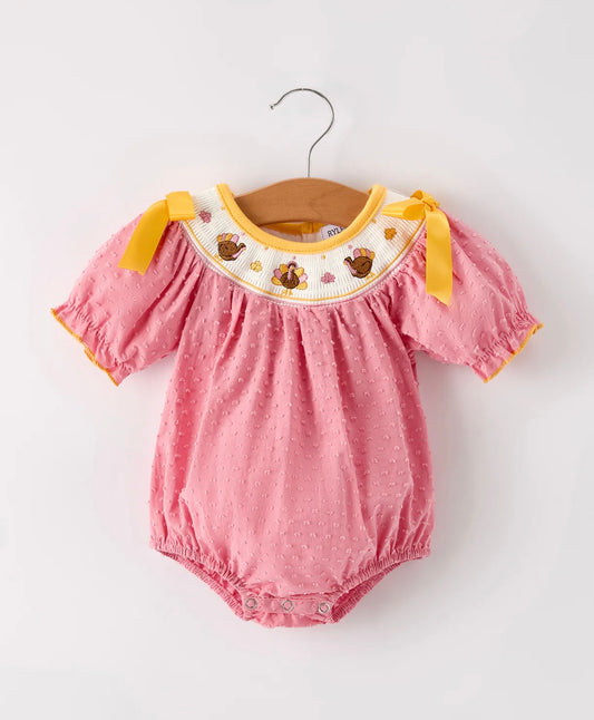 Fall Thanksgiving Turkey Leaf Embroidery Smocking Bow Baby Girl’s Romper