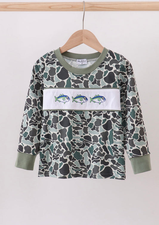 Camouflage fish embroidery top