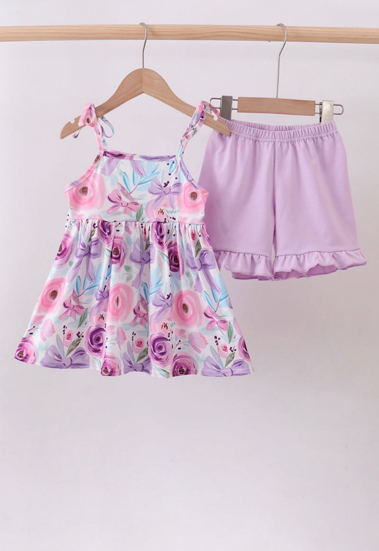 Purple floral print bow ruffle shorts set