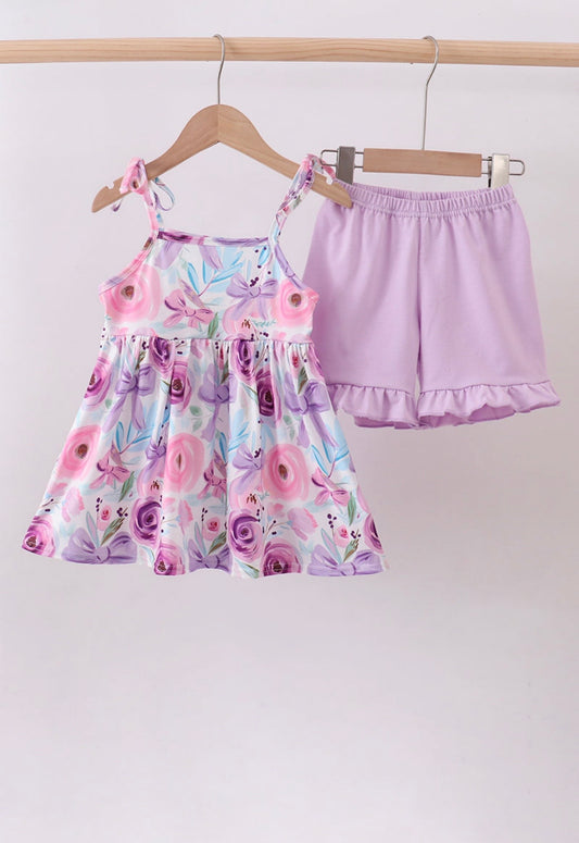 Purple floral print bow ruffle shorts set