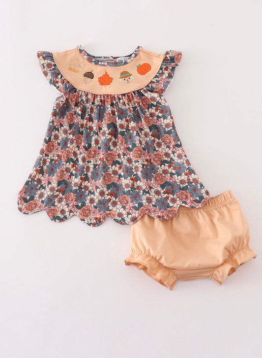 Fall floral print pumpkin embroidery girl bloomer set