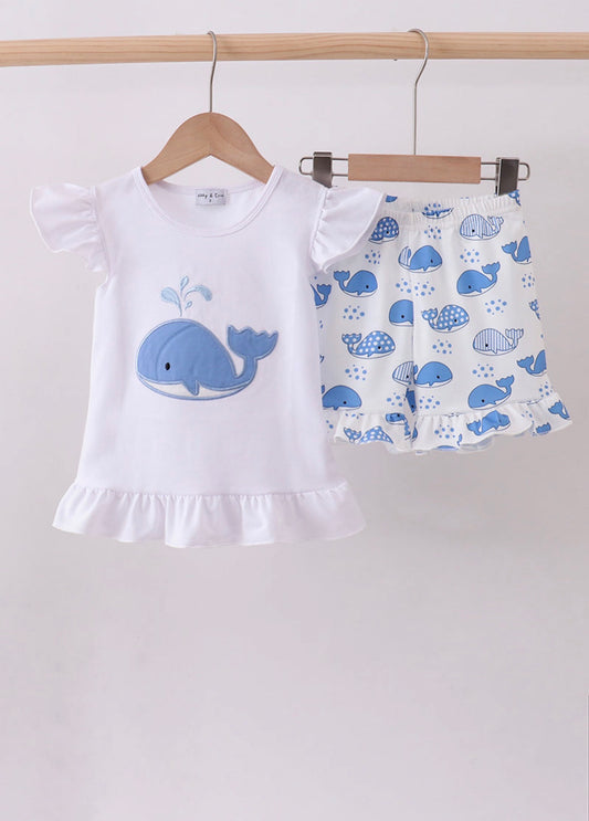 Blue whale appliqué ruffle shorts set