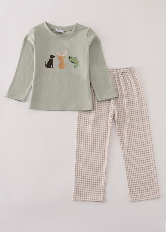 Blue dog deer embroidery top and pants set