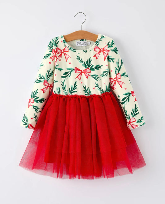 Red Tulle Skirt Christmas Tutu Dress and Holly Print