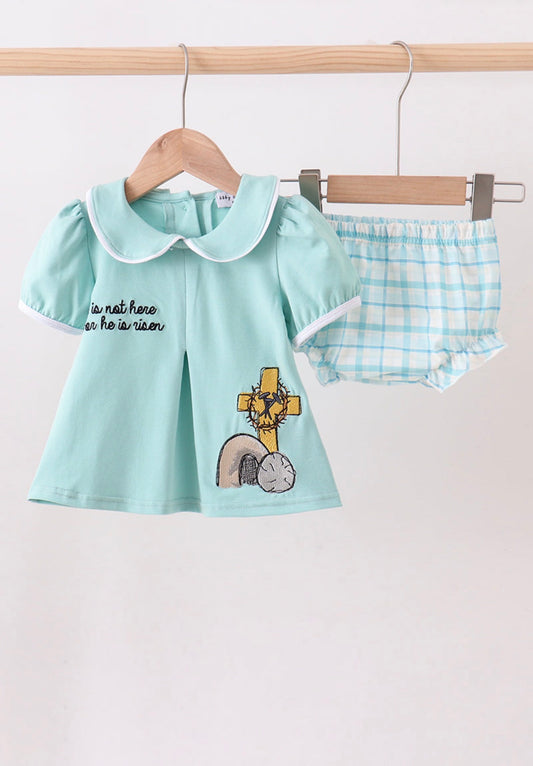 Blue He is risen girl’s embroidery bloomer set