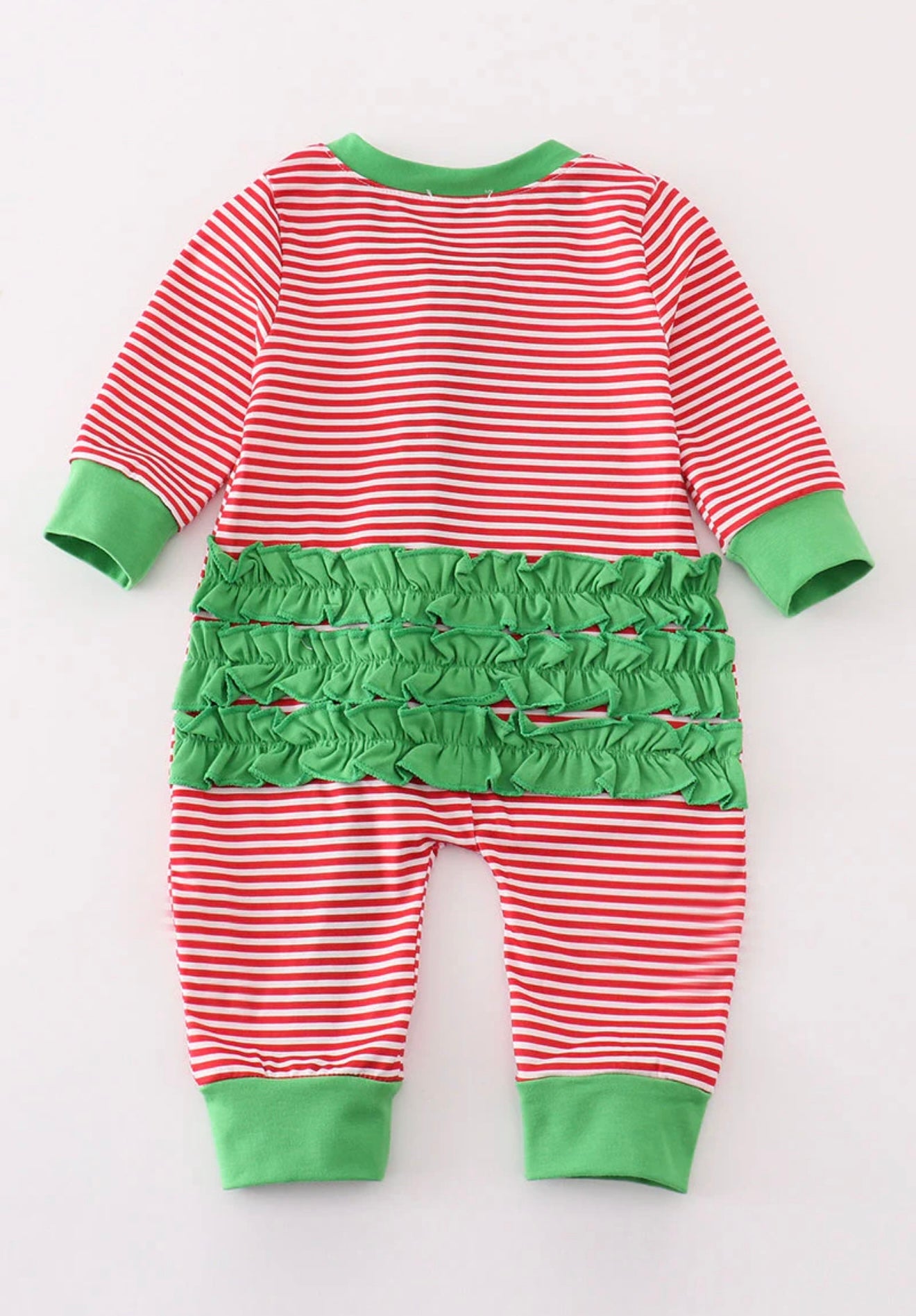Red Stripe Christmas Tree, Ruffle Girl Romper ￼
