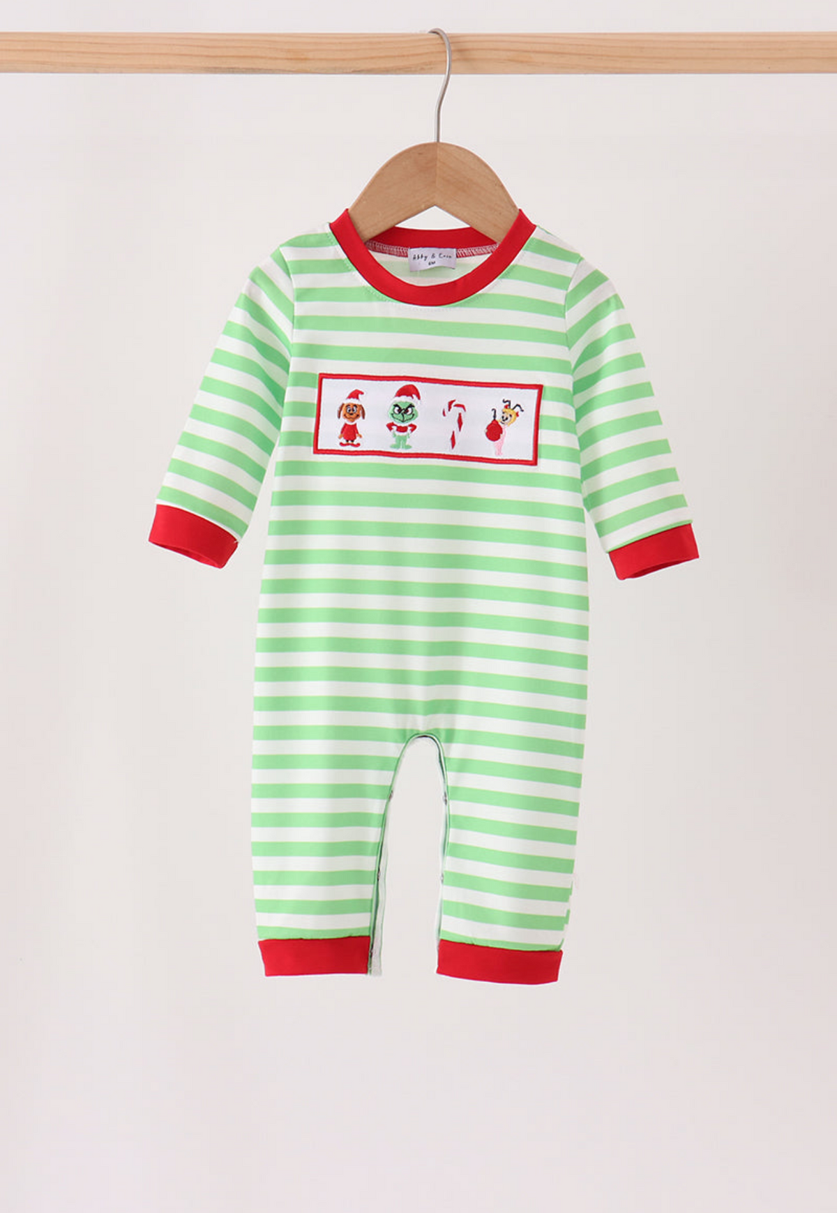 Green grinch embroidery stripe romper