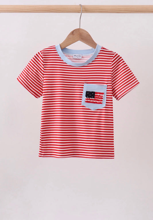 Red stripe flag french knot top