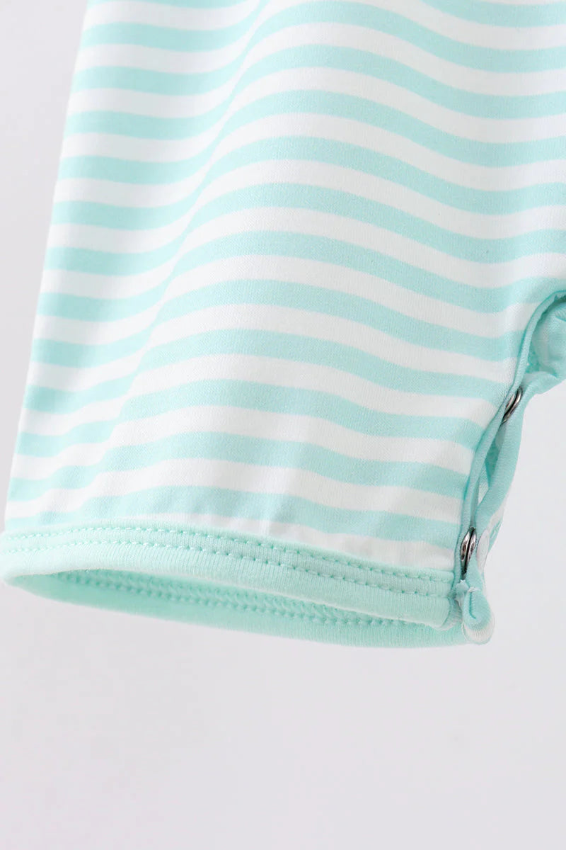 Green stripe Noah's Ark french knot romper