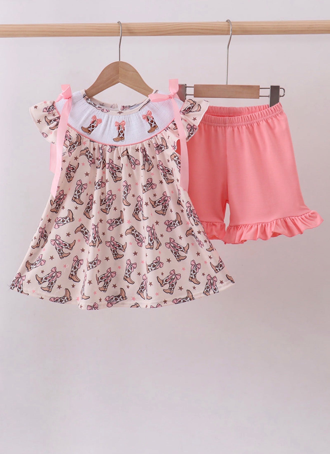 Western cowgirl boots smocked ruffle shorts set