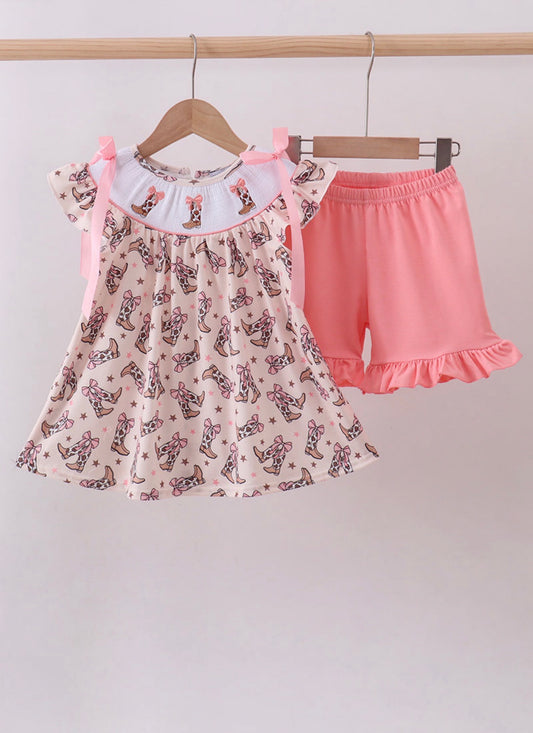 Western cowgirl boots smocked ruffle shorts set