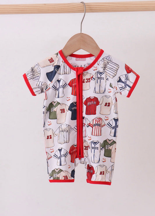 Red baseball bamboo romper