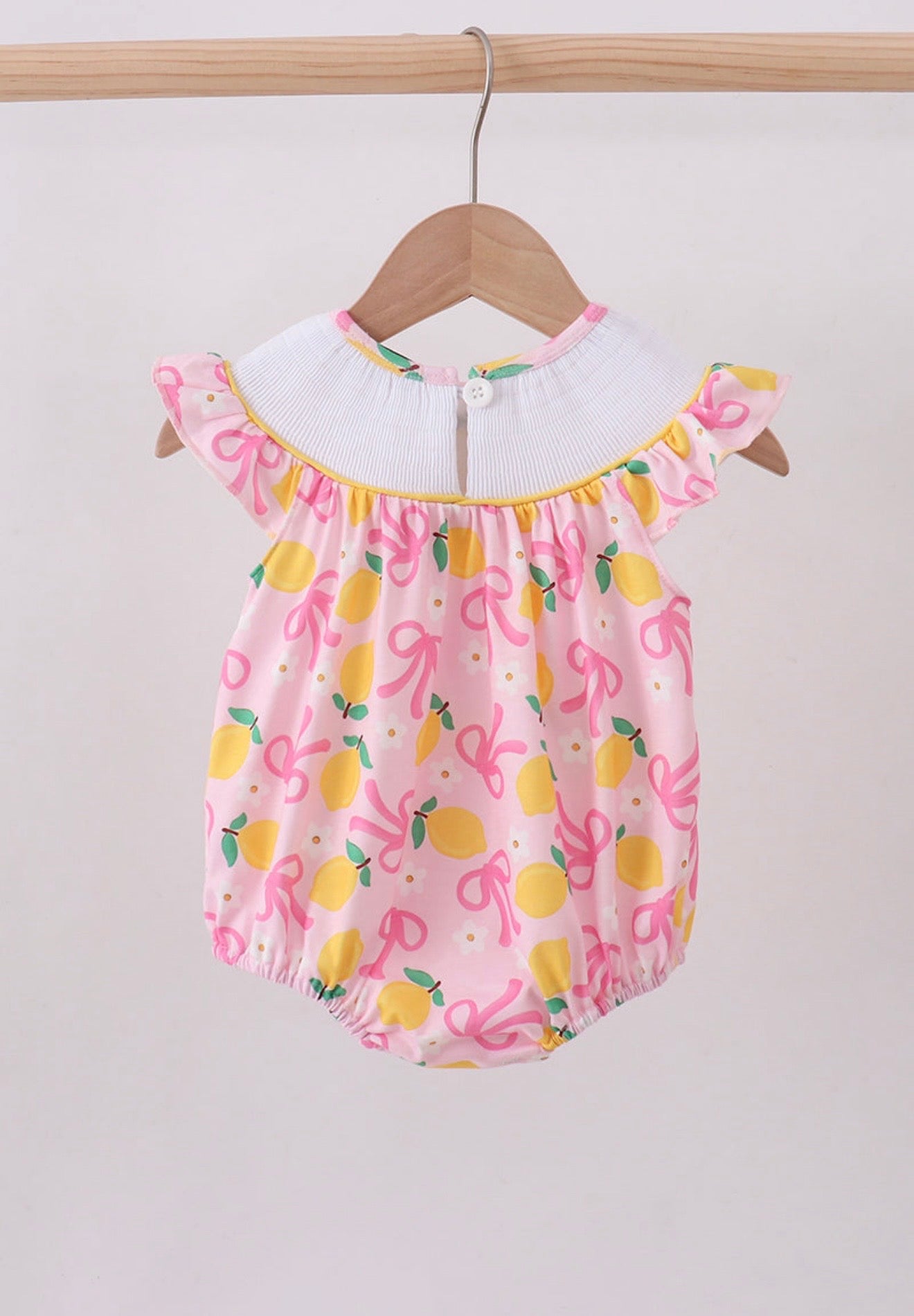 Pink lemon smocked bow print bubble