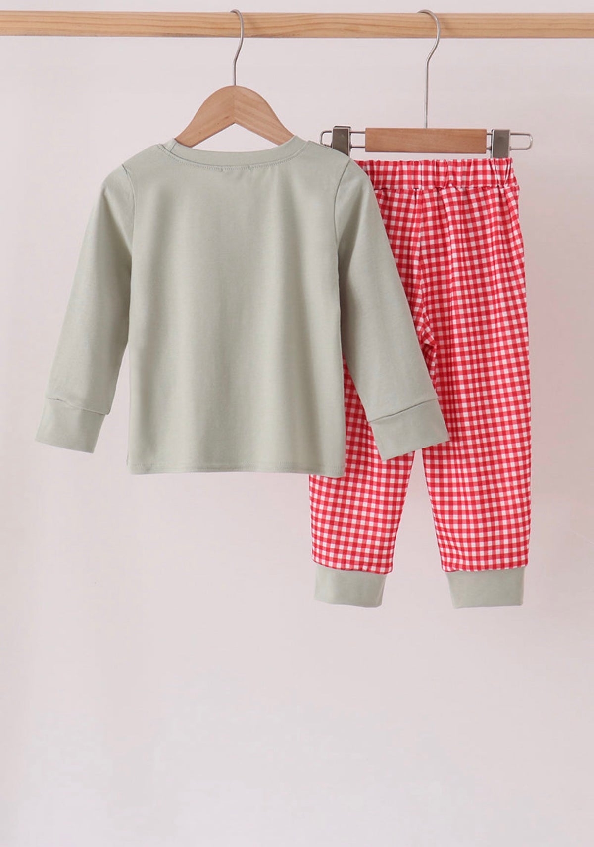 Sage santa applique gingham pants set