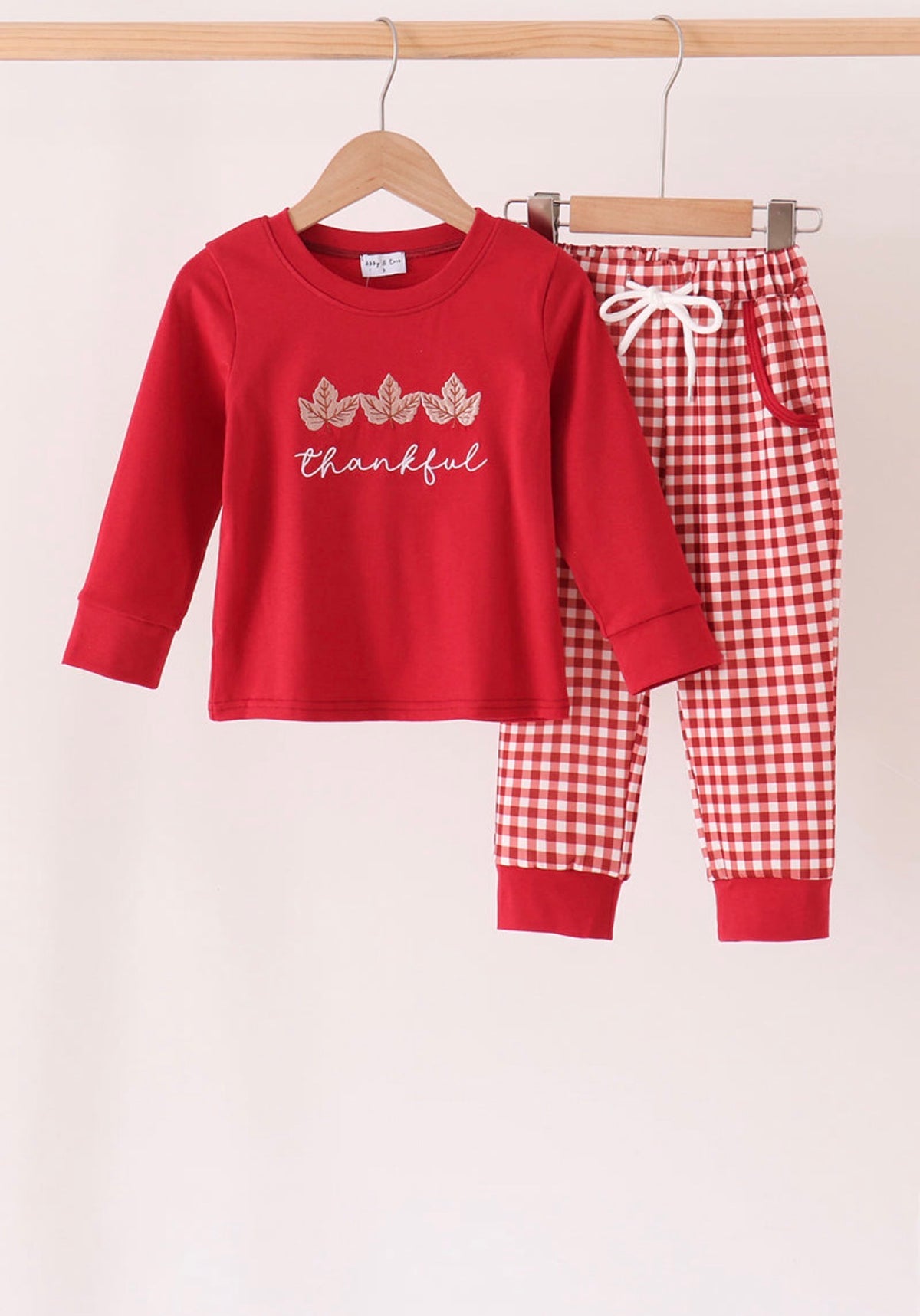 Maroon thankful leaves embroidey gingham pants set