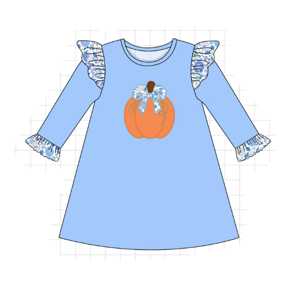 Blue pumpkin applique ruffle dress