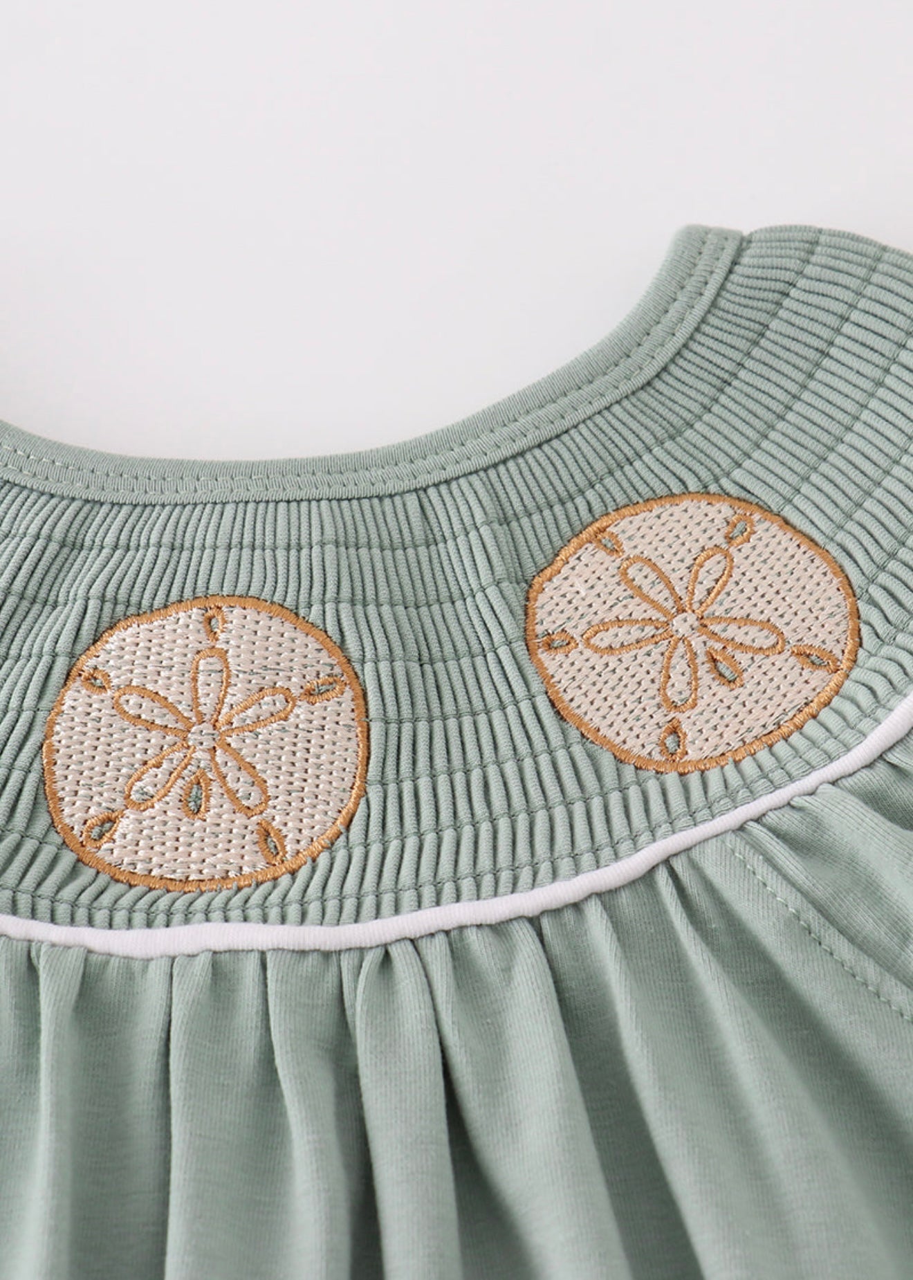 Sage sand dollar embroidery smocked ruffle shorts set