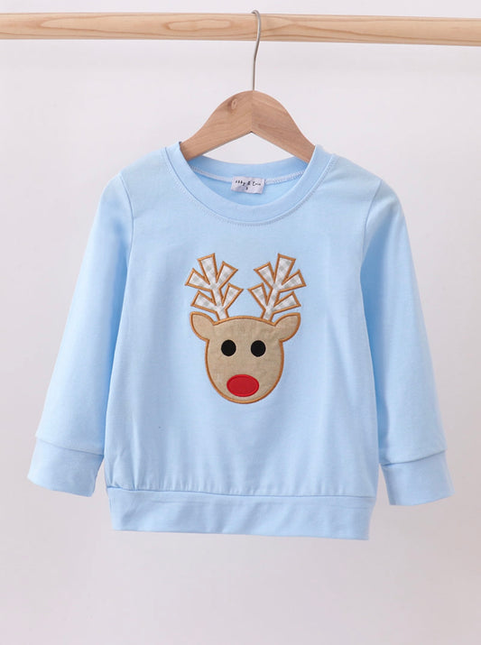 Blue Reindeer Appliqué Top