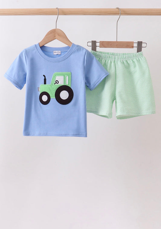 Blue tractor appliqué seersucker set