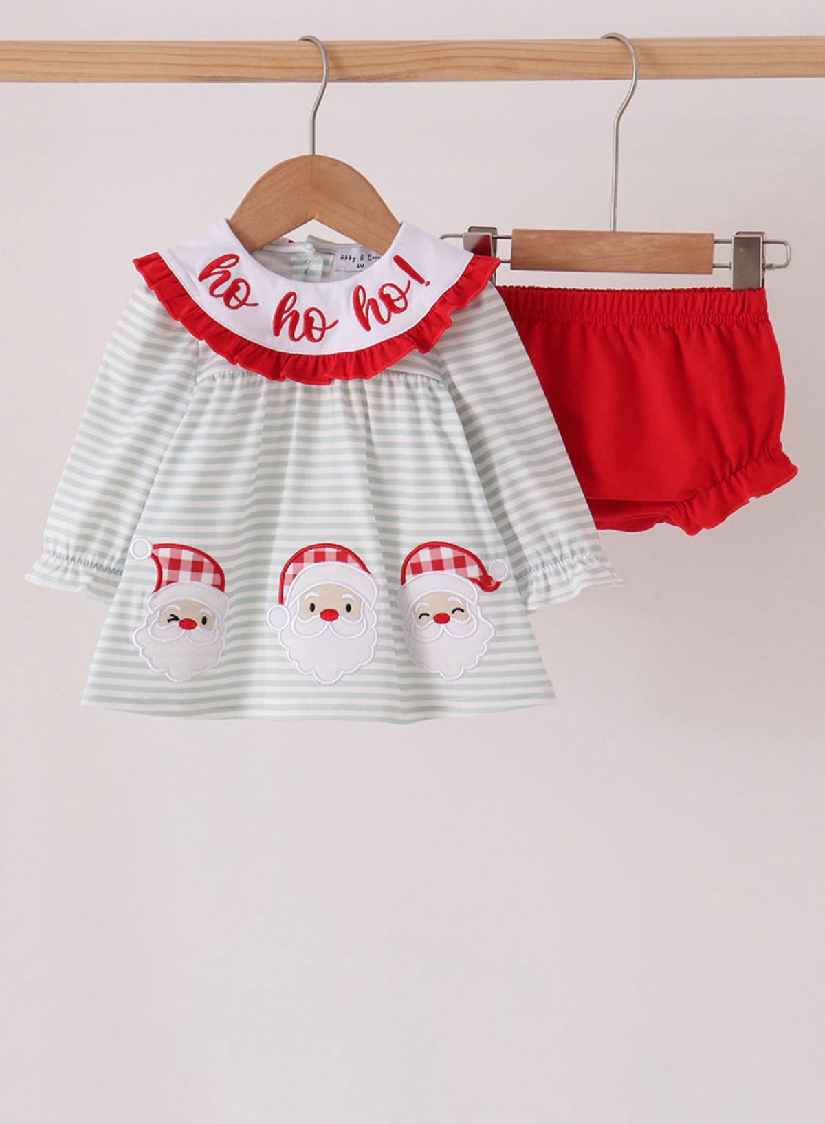 Sage santa applique stripe bloomer set