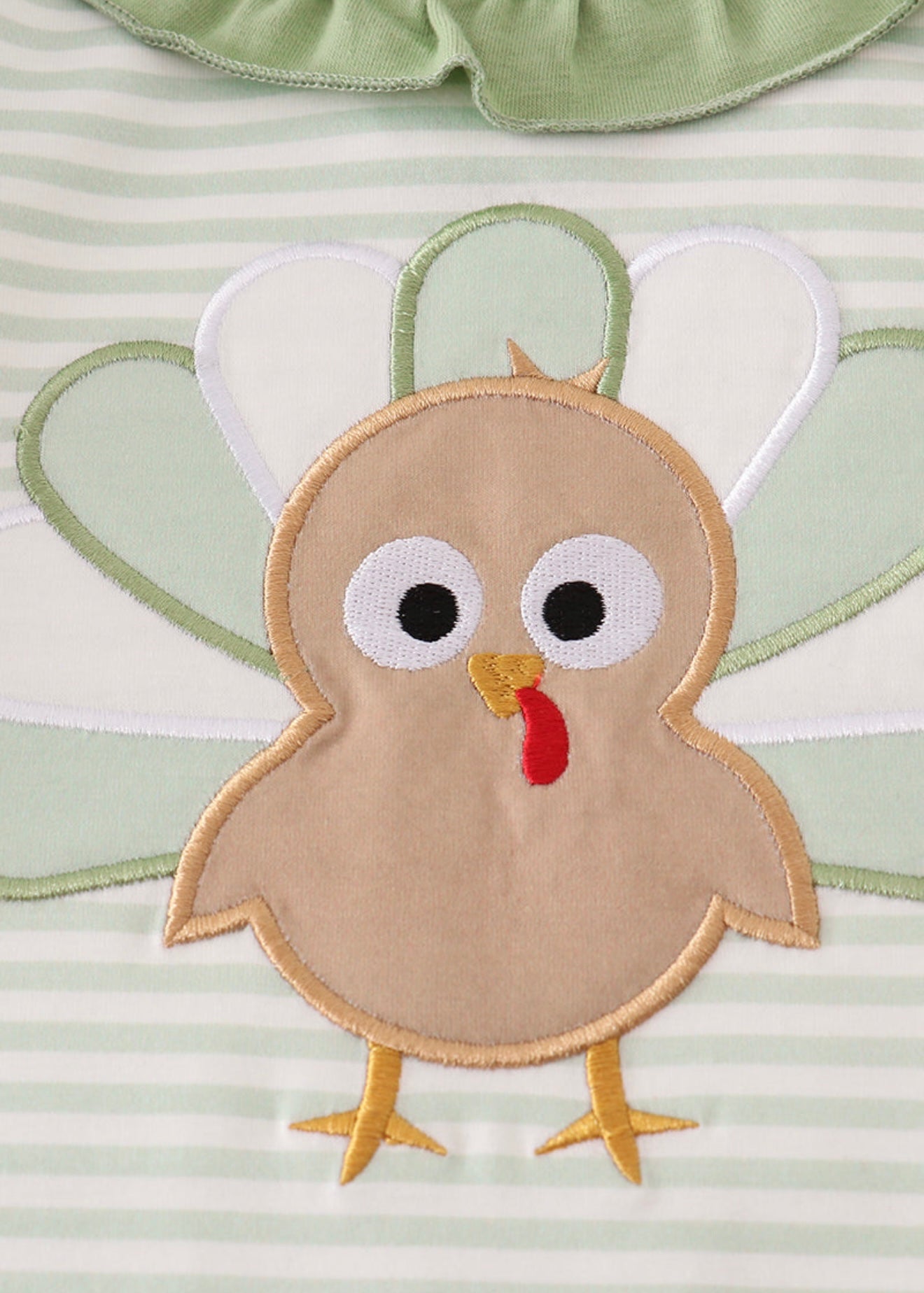 Sage turkey applique stripe girl’s ruffle romper