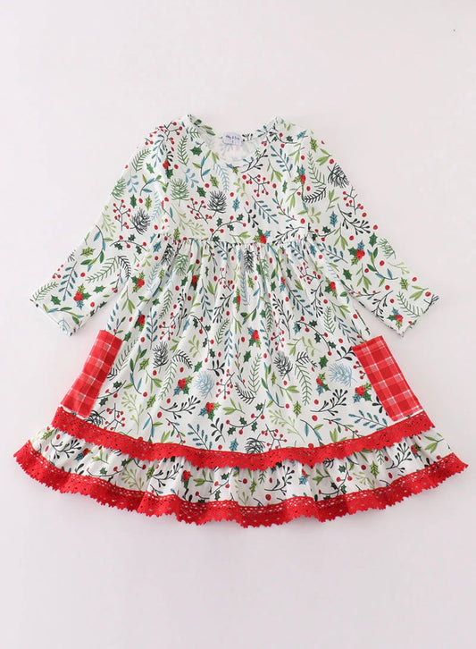 Christmas Print Ruffle Dress