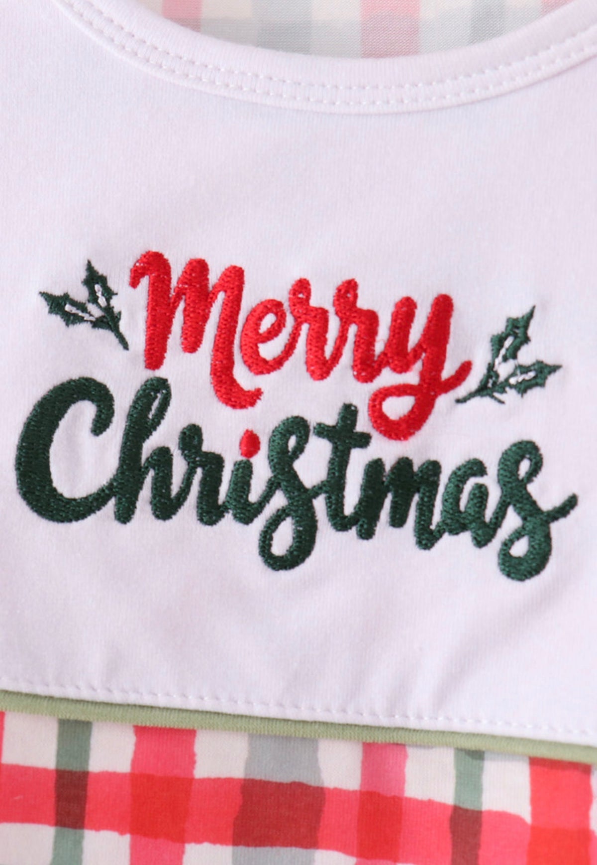 Green merry christmas embroidery plaid romper