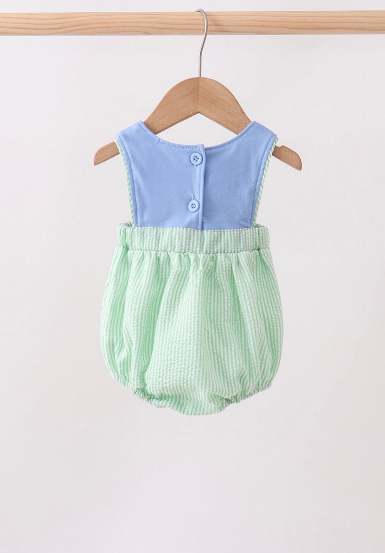 Blue tractor appliqué seersucker bubble